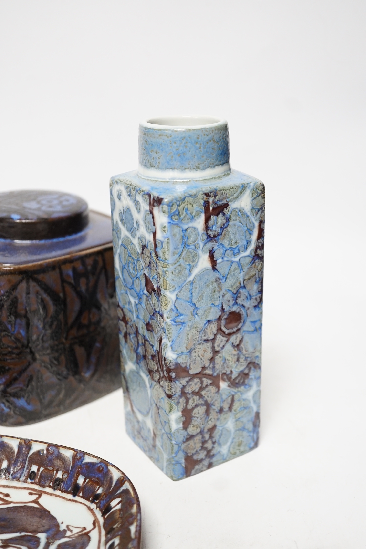 A pair of Royal Copenhagen pottery ‘fajance’ blue glaze vases and a squat jar and cover, together with an Alumina ware larger jar and cover and a rectangular tray signed CK, tallest 19cm